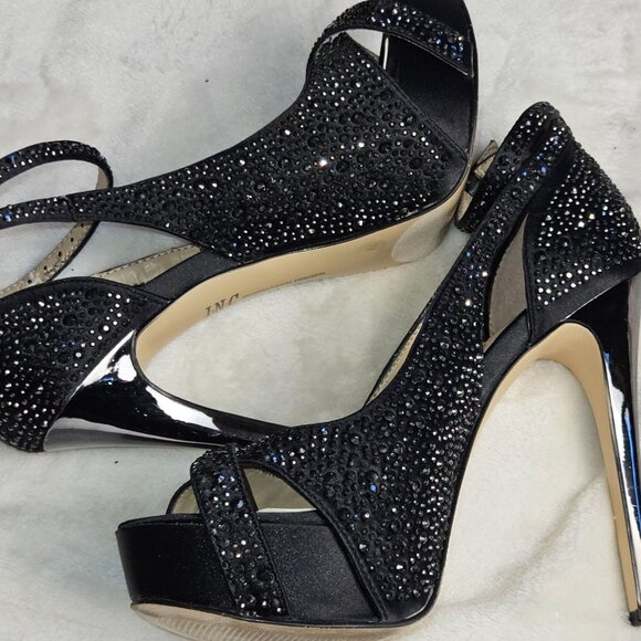 INC Black Rhinestone Embellished Platform Heels With Ankle Strap & Stiletto  Siz - Picture 3 of 12